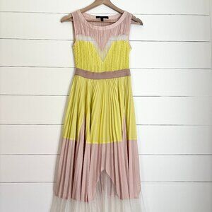 NWOT BCBG Maxazria Lucea yellow and tan with white sheer mesh dress